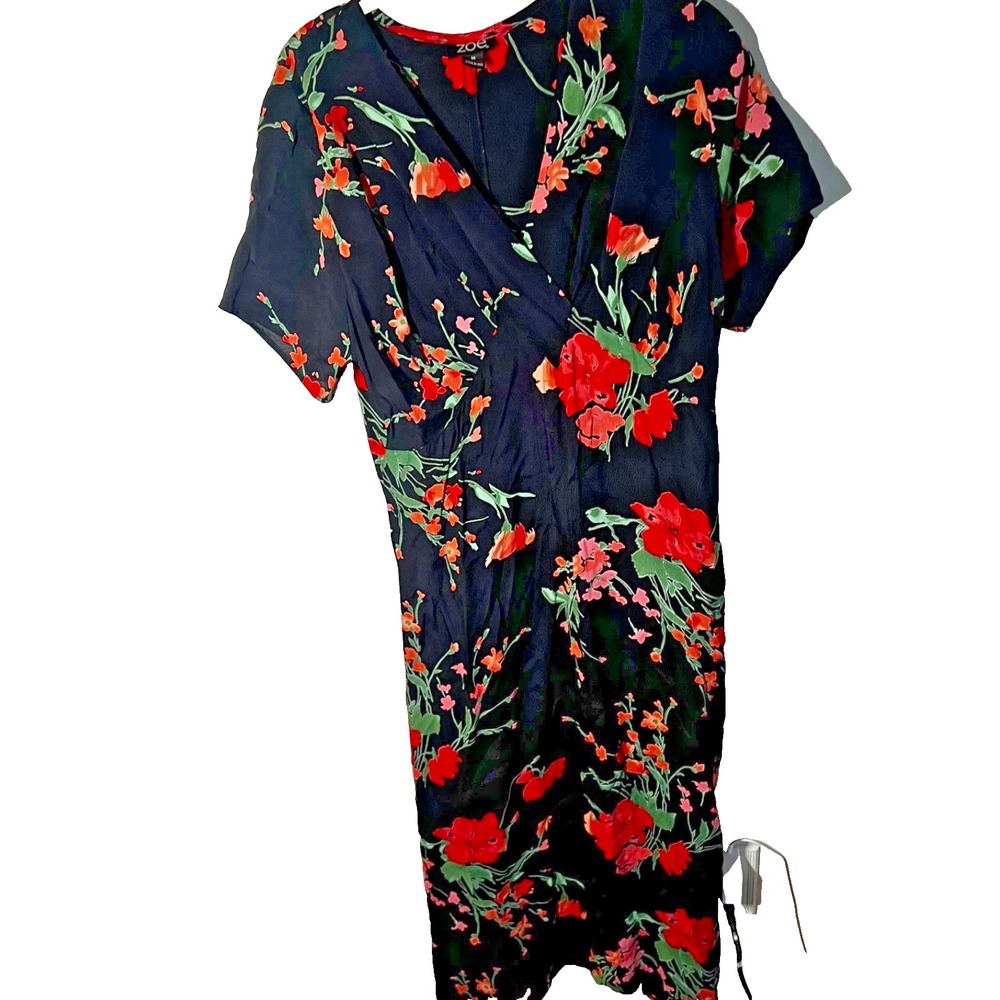Vintage 90s Zoe Cali Midi Dress Womens Size M Red Black‎ Floral Phoebe Friends